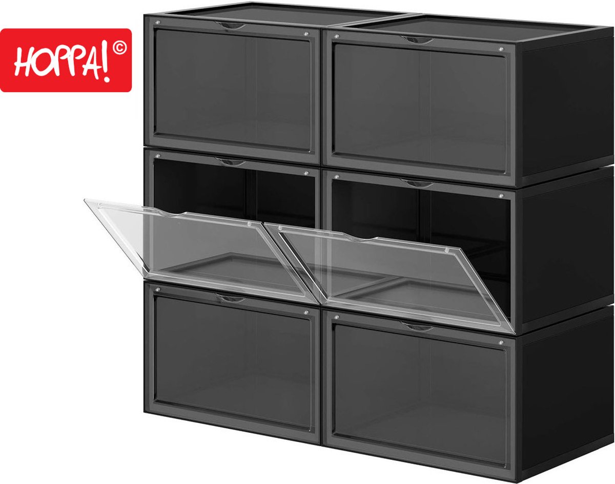 Hoppa! Schoenendoos Set van 6 - schoendozen - opbergdozen voor schoenen - schoen organizer - plastic dozen - opvouwbaar en stapelbaar - voor schoenen tot maat 46 - Zwart - Plastic - 36 x 28 x 22 cm (BxDxH)