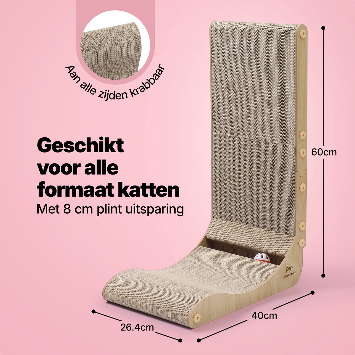 Jake and Jacky Krabkarton voor Katten met Speelballetje - Krabpaal Karton - Krabplank - Krabmand - Krabmeubel - Kartonnen Krabmat - Kattenmand - Kattenbed - 60x26,4x40 cm – foto 4