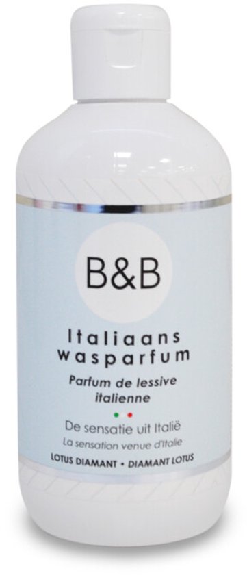 Witte fles B&B Italiaanse Wasparfum Lotus Diamant met blauw en zilver label.