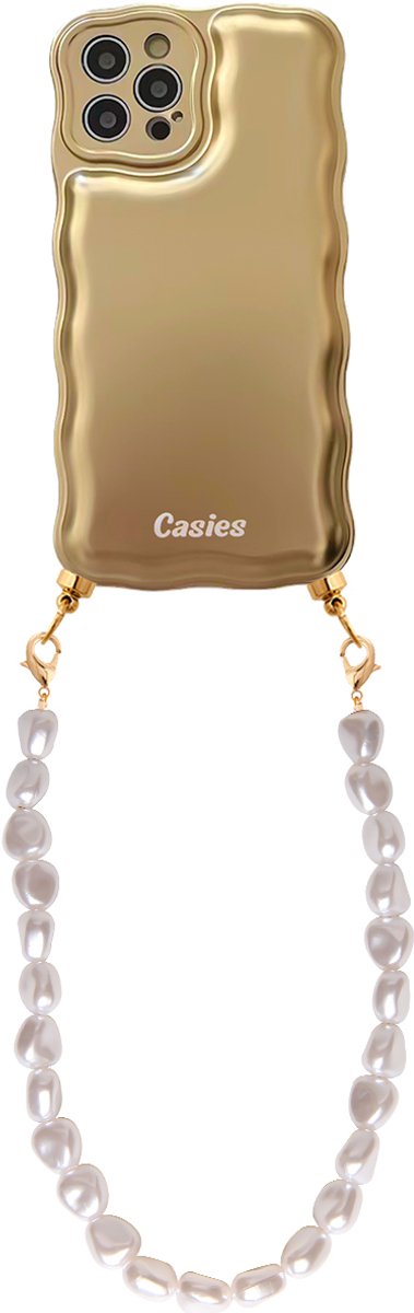 Casies Wavy hoesje geschikt voor Apple iPhone 15 met koord - telefoonhoesje met parelkoord - Goud - Cord case