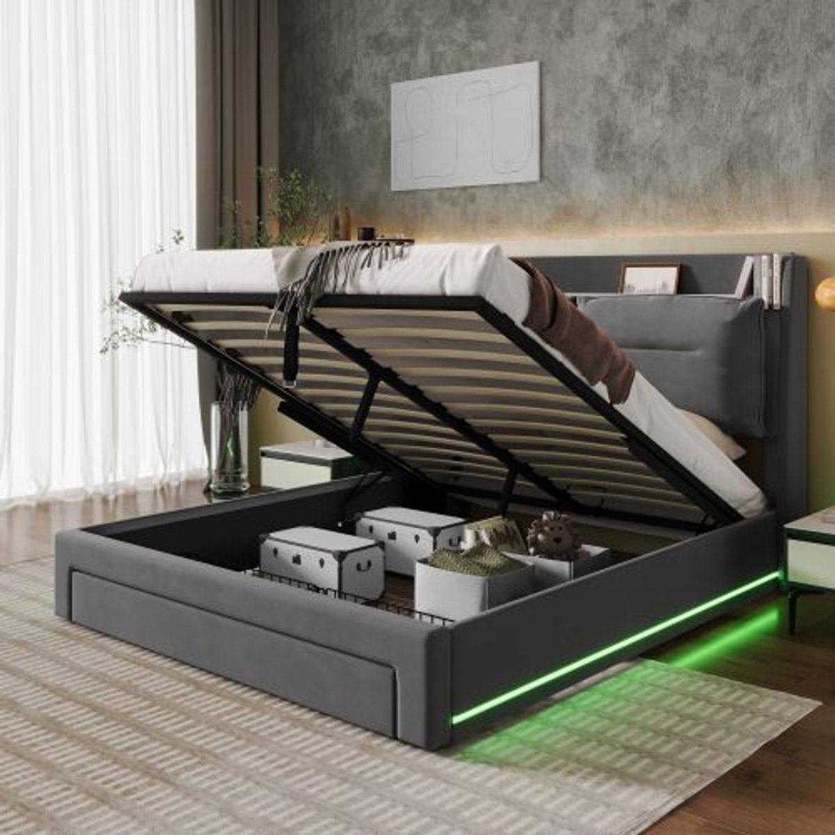 LED-licht gestoffeerd bed, 140*200, hydraulisch bed, 2-in-1 opberglades aan het voeteneinde van het bed, verzonken LED-lichtstrips aan beide zijden van het bed, lattenbodem, zonder matras, fluweel, donkergrijs