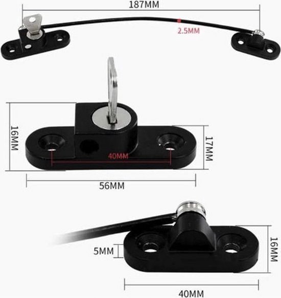 Zwarte raambegrenzer met kabel, twee beugels en afmetingen: 187mm, 40mm, 16mm, 17mm, 5mm, 2.5mm.