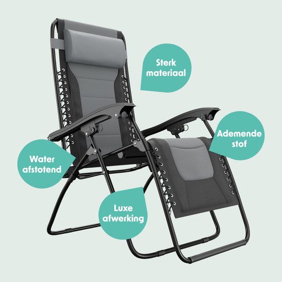 LifeGoods Ligstoel Comfort - Opvouwbaar - 30°-90° Verstelbaar - Beker en Telefoonhouder - Tuinstoel - Zwart/Grijs van Merkloos — afbeelding 5