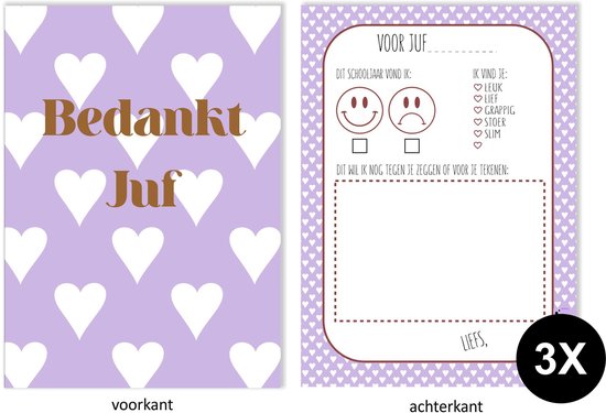 3 stuks invulkaarten bedankt juf - kaart juf - cadeau voor juf - einde