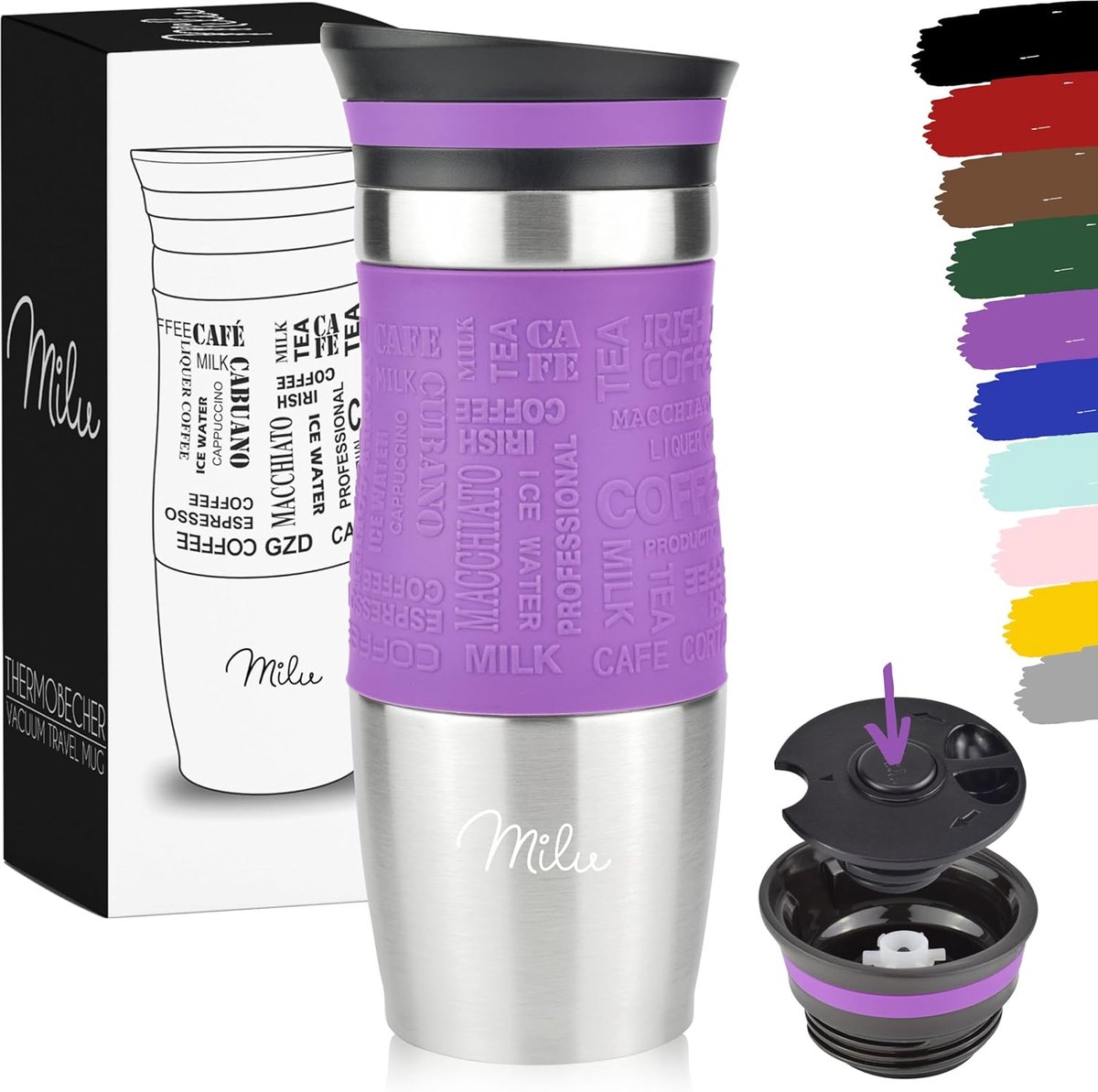 Milu Thermosbeker Koffie To Go - 370 & 450 ml - 100% Lekvrij - Thermobeker, Koffiebeker To Go, Drinkbeker van Roestvrij Staal - Autobeker Dubbelwandige Isolatie - Thermos Beker Auto- Travel mug - Thermo Beker (370 ml Paars)