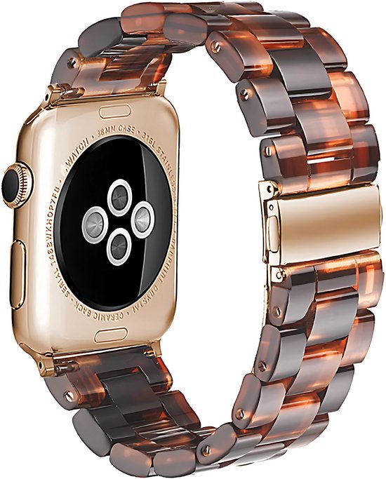 Gouden Apple Watch met bruine panterprint band van kunststof.