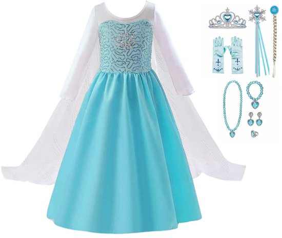 Het Betere Merk prinsessenjurk meisje - Elsa jurk maat 122/128 - verkleedkleding meisje - Frozen verkleedkleding - kroon, toverstaf, Elsa vlecht, handschoenen, juwelen