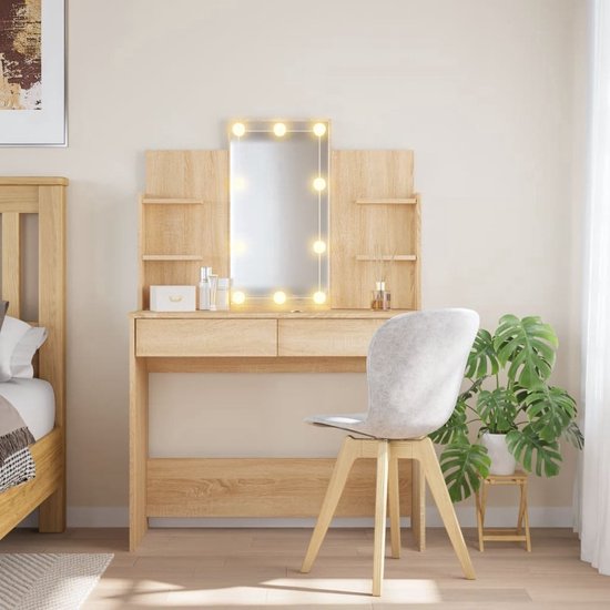 Lifewit Kaptafel Met Verlichte Spiegel - Make-up Tafel Met Instelbare LED Verlichting, 2 Laden, Kruk & Extra Opslag, Wit