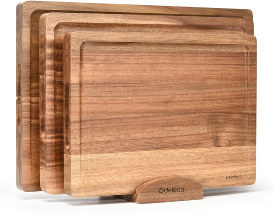 Deleca 3x Snijplankenset Culina - Dikte 3 cm - Snijplanken (33x25 / 38x28 / 43x30 cm) - Met Houder - Voor Keuken, Serveerplank, Kaasplank, Borrelplank, Snijplank en Tapasplank - Acacia Hout
