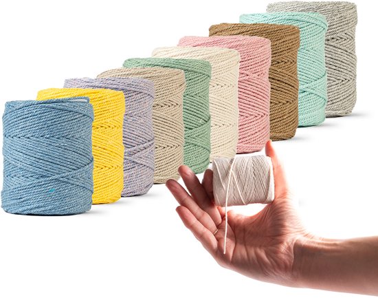 Ledent macramé touw (1mm, 10x65m, set 10 kleuren) - Dubbel getwist touw voor macramé van 100% gerecycleerd katoen - Setje van 10 kleine rolletjes in aardetinten