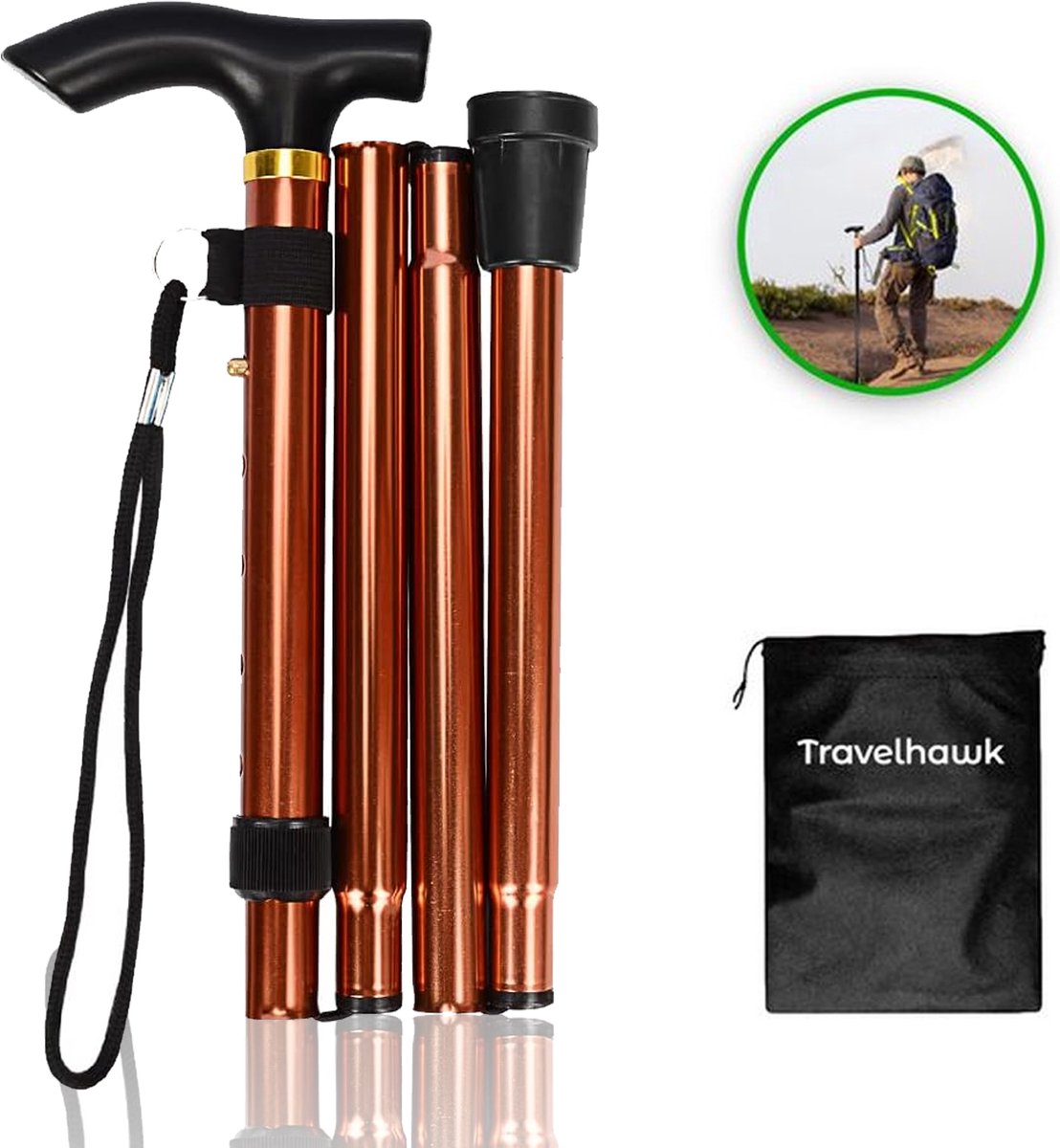Travelhawk Wandelstok - Verstelbaar en Opvouwbaar - Khaki - Incl. Opbergtas - loopstok Ouderen