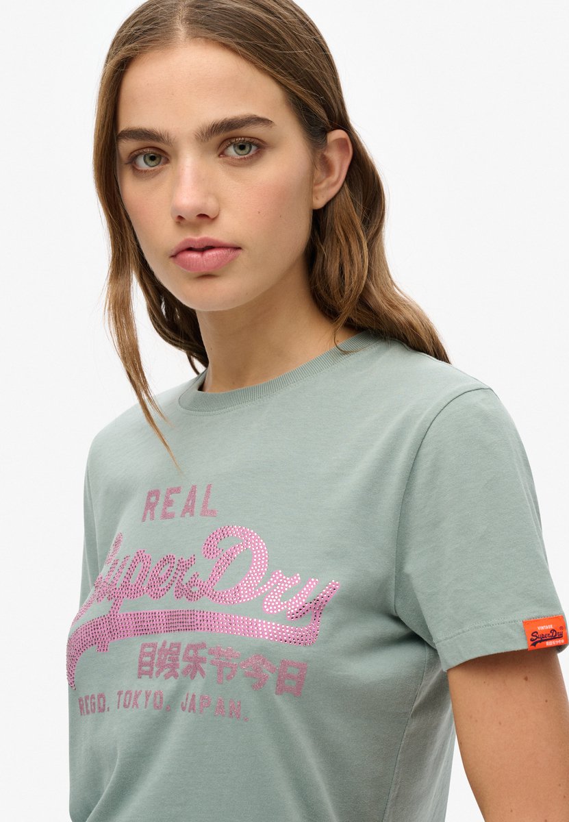 Superdry Vintage Logo slim-fit T-shirt met strass-steentjes Dames T-shirts Zilver