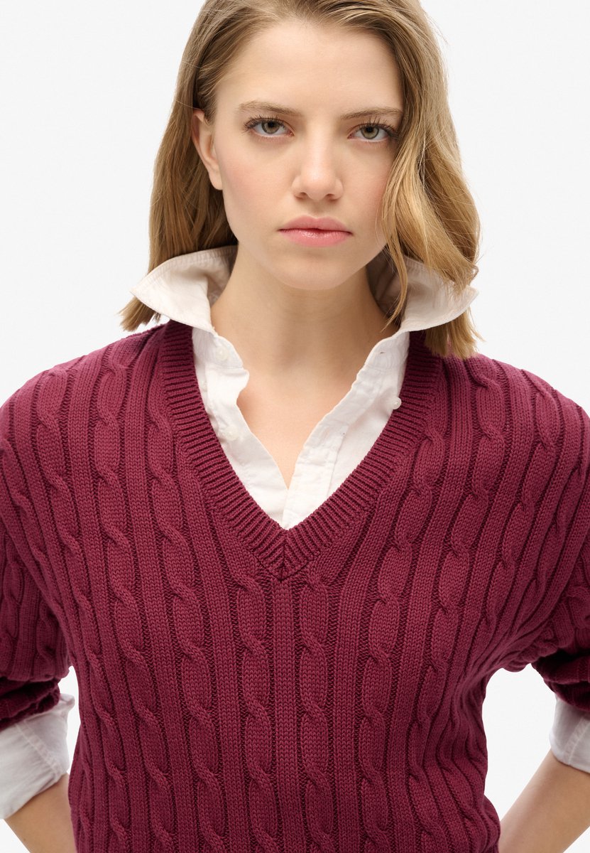 Superdry Oversized kabeltrui met V-hals Dames Sweaters Rood