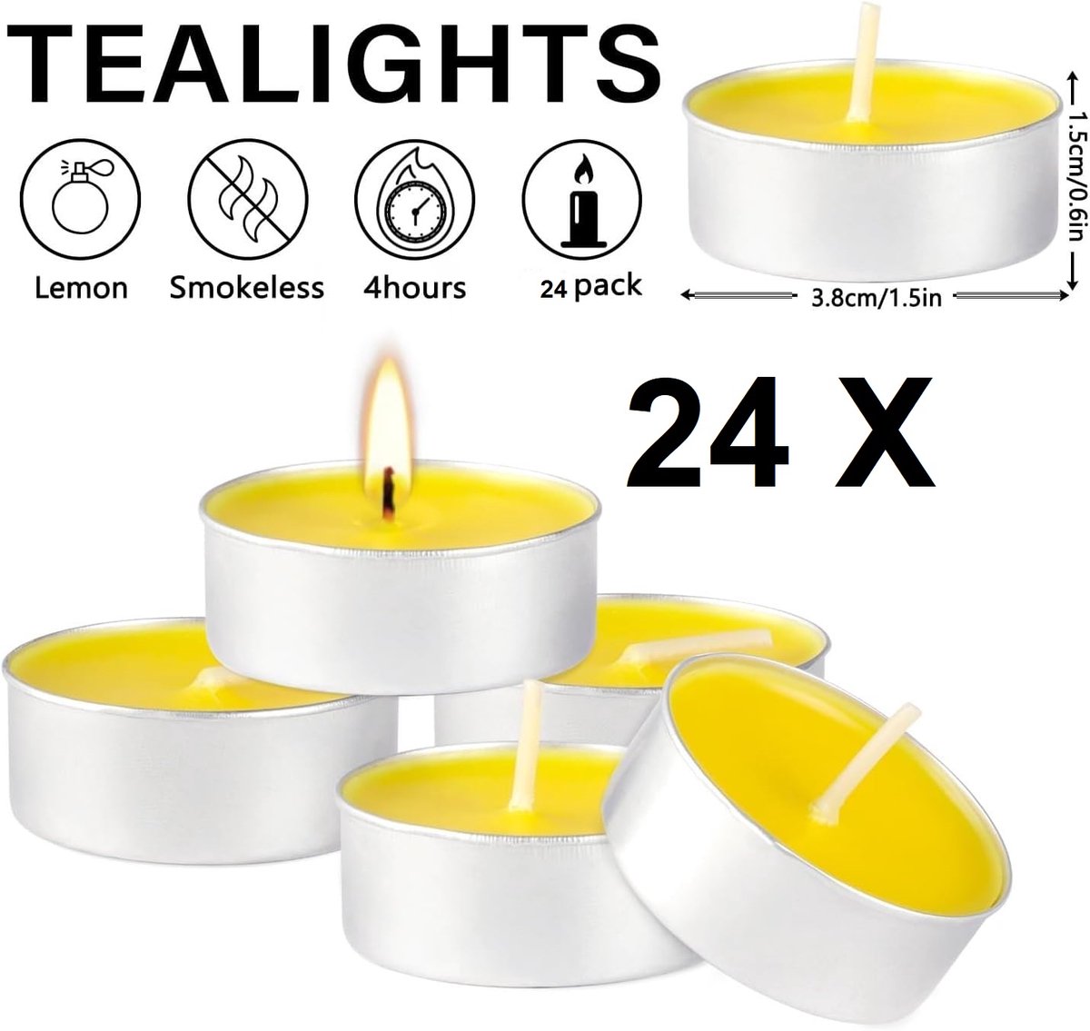 Citronella waxinelichtjes | Citronella Kaarsen - Waxinelichtjes Citronella - Citronella Theelichten - Waxine Kaarsjes - Anti-Mug - 4/5 Uur Brandtijd - Set van 24X Stuks |
