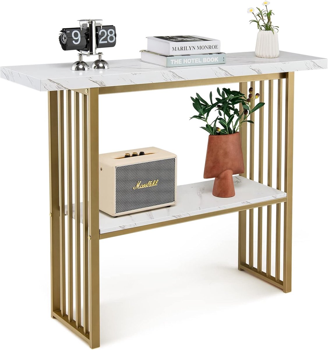 COSTWAY 2-Laags Console Tafel, 120cm Wit Kunstmarmer Banktafel met Open Planken, Goud Stalen Frame, Moderne Ingangstafel, Compacte Rechthoekige Foyer Tafel, Smalle Banktafel voor Woonkamer, Gang