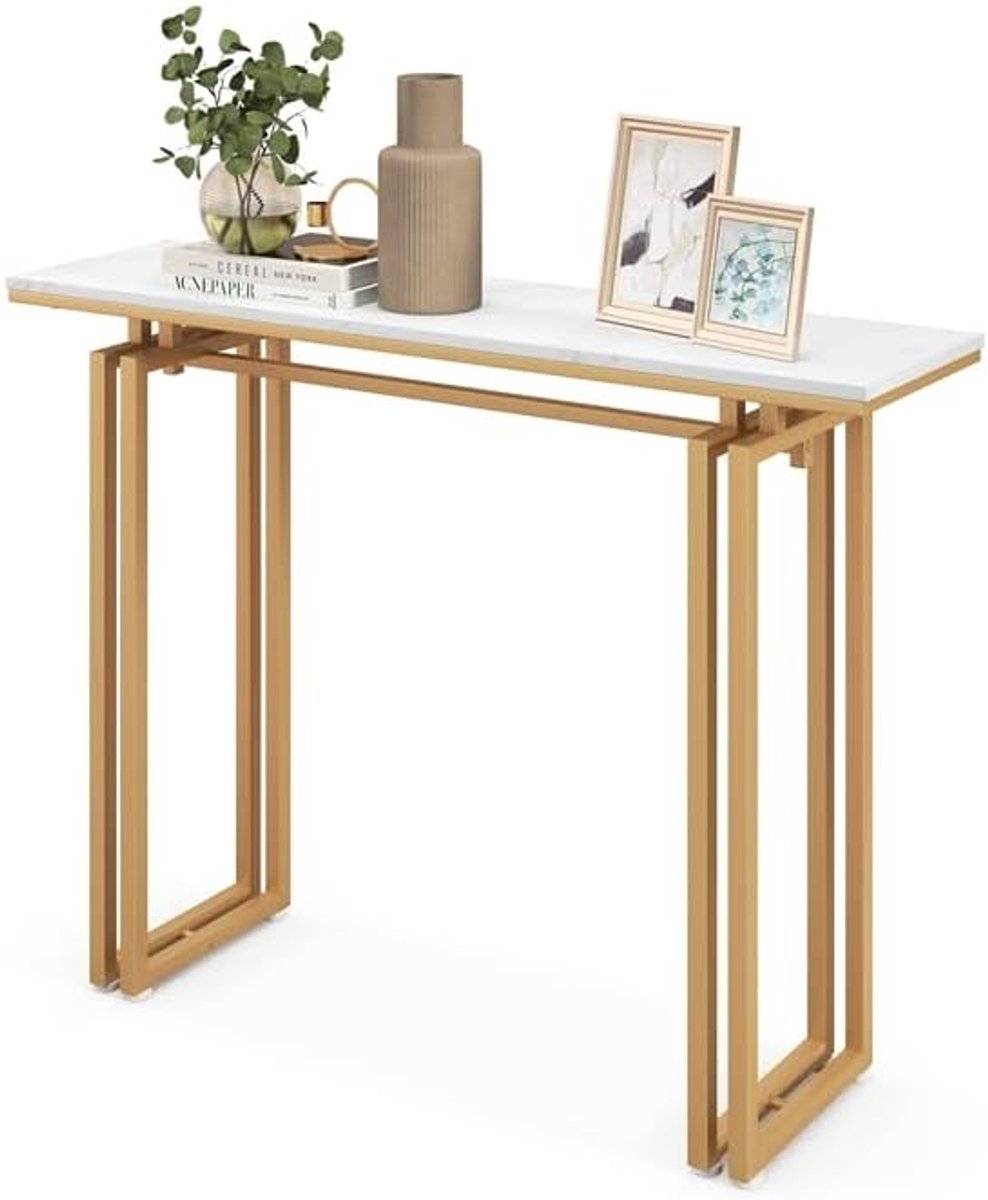 COSTWAY Consoletafel smal, haltafel, marmerlook, bijzettafel met metalen frame, ingang, modern, smalle tafel voor woonkamer en ingang, 110 x 30 x 81 cm