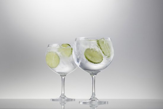 Deux verres gin tonic avec glaçons et rondelles de citron vert sur fond gris.
