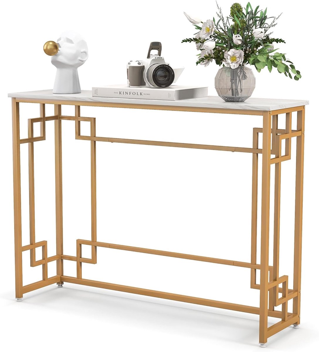 COSTWAY Consoletafel, marmer, goud, ingang, smal, haltafel met geometrisch metalen frame, bijzettafel, 110 x 30 x 81 cm, voor woonkamer, hal, entrée
