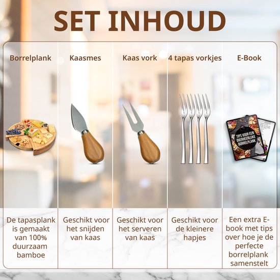 Tapasplank - Borrelplank - Serveerplank - Kaasplank - Hapjesplank - Inclusief Kaasmesjes - Taspasplank Bamboe - Borrelplank Rond - Inclusief Ebook - ø 38 cm