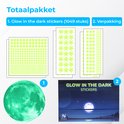 Totaalpakket van glow-in-the-dark stickers: 1049 stickers in de vorm van stippen en sterren, inclusief een lichtgevende maan.