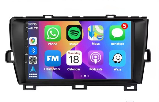 Touchscreen autoradio met smartphone-apps zoals Whatsapp, Spotify, Waze en navigatie, in een zwarte behuizing.