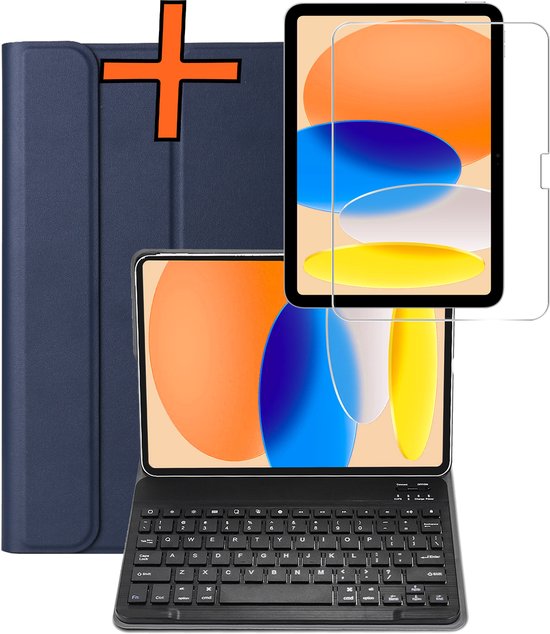Donkerblauw tablethoes, screenprotector en zwart QWERTY-toetsenbord.