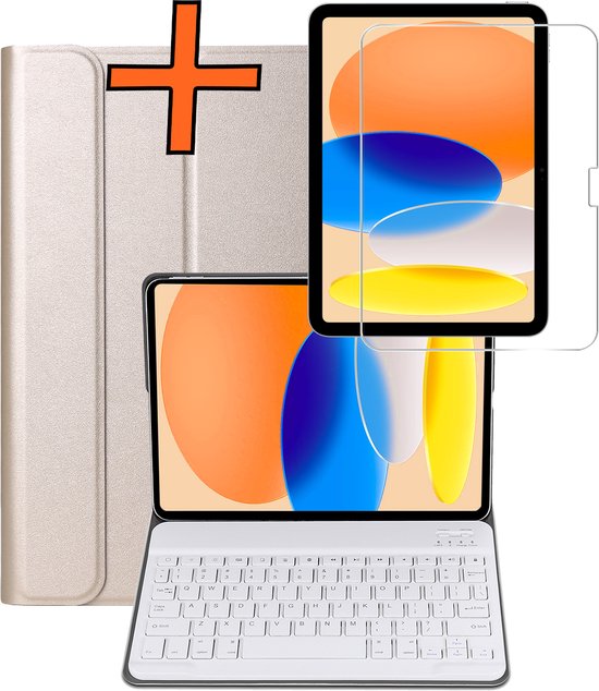 Gouden tablet hoes met wit QWERTY-toetsenbord en een screenprotector.