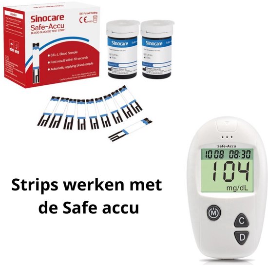 Sinocare Safe-Accu bloedglucosemeter met een doos en twee potjes teststrips en losse strips.