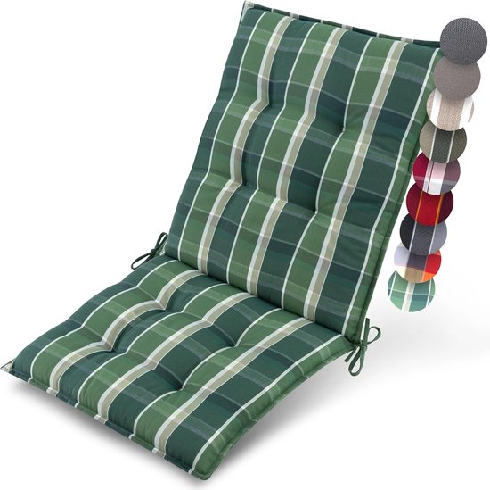 Beautissu Sun-NL – Coussin dossier haut de Premium 100 x 50 cm – Coussin de chaise de jardin résistant aux UV et épais de 8 cm, sangles de fixation antidérapantes – Tissu robuste à carreaux verts et rayures