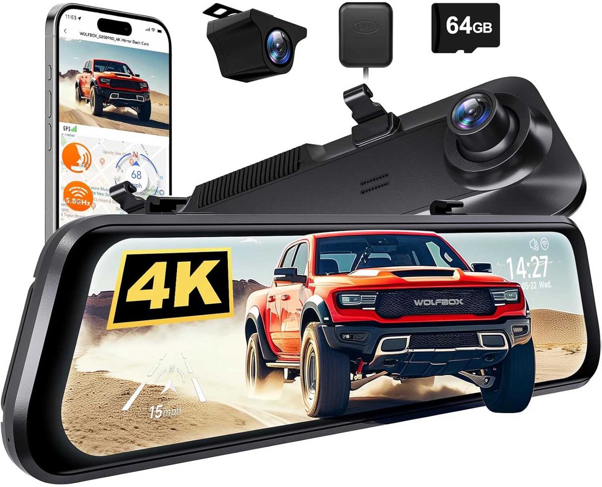 Wolfbox G850 Pro 4K Gps 64gb Mirror dashcam - Parkeermodus - 12,0 inch touchscreen Lcd - 4K + Full HD resolutie - Wifi met App - Gps ontvanger - 64gb Micro SD kaart - Spiegel dashcam en digitale binnenspiegel