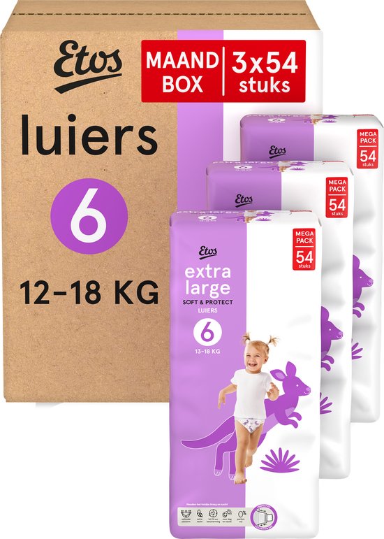 Etos Luiers - Maat 6 - 12 tot 18 kg - Maandbox - 162 stuks