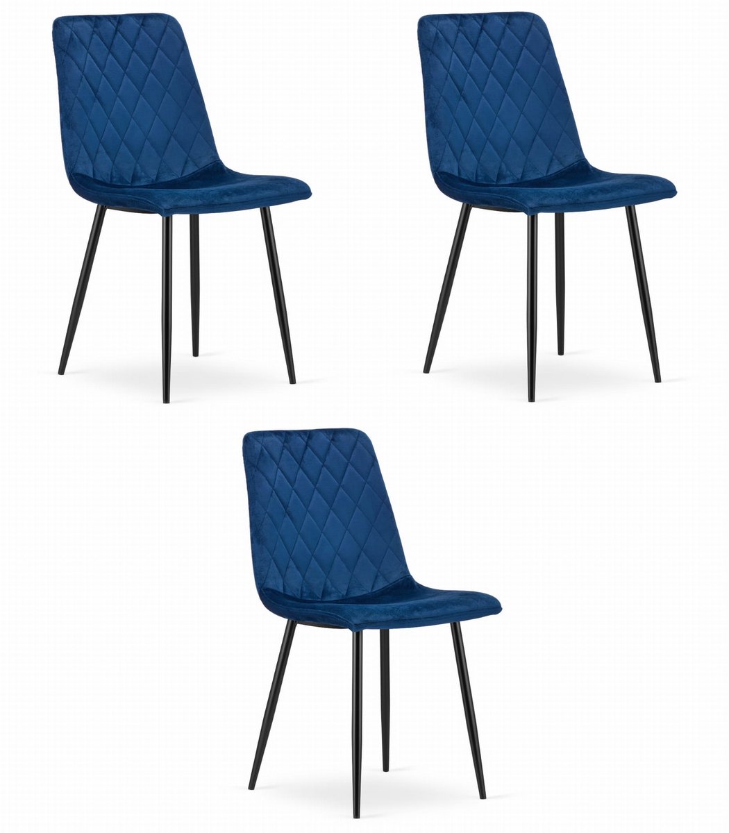 LEOBERT Set van 3 Eetkamerstoelen TURIN Donkerblauw – Velvet Bekleding, Modern, Ergonomisch Design, Zwarte Metalen Poten, Max. 120 kg