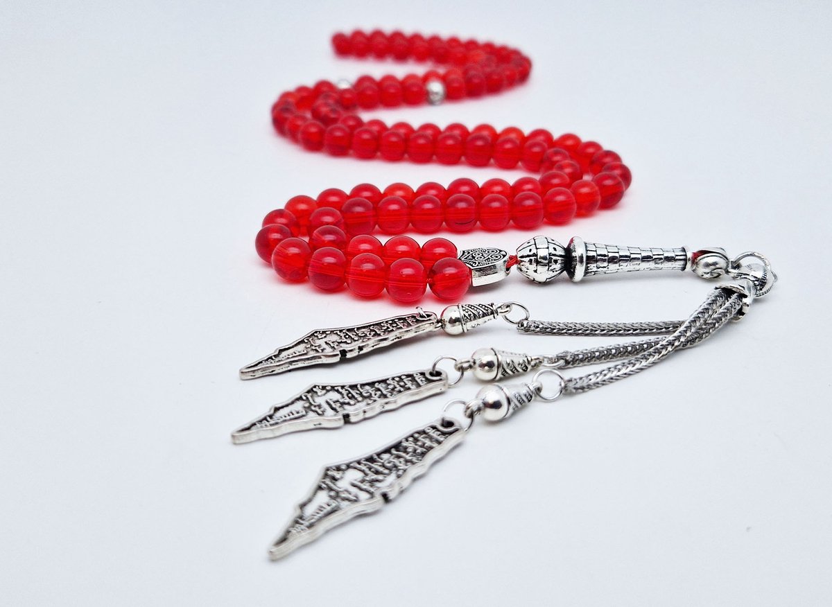 Handgemaakte tesbih "Tasbih" natuursteen "Rode kwarts" - Aantal kralen 99 - Diameter kralen 8MM - met metaal tassel "Palestina" - Een mooi cadeau-idee