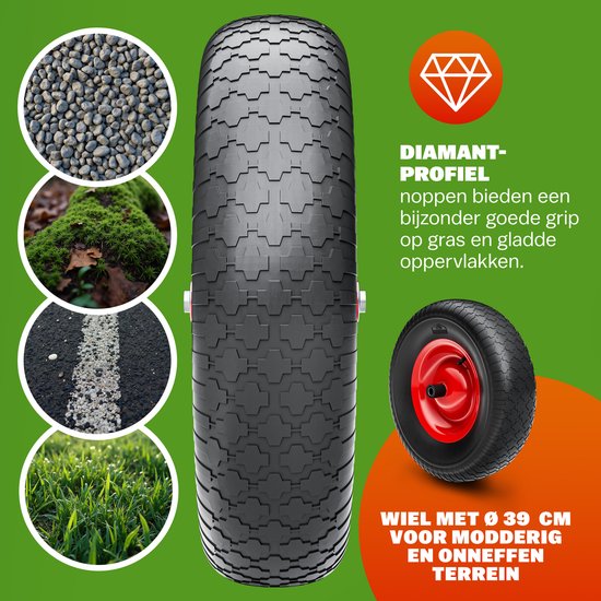 Dichtbij opname van een zwart kruiwagenwiel met diamantrofiel en rode velg. Getoond met fragmenten van grind, mos, asfalt en gras.