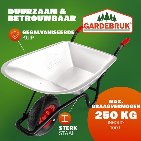 Zilverkleurige kruiwagen met gegalvaniseerde kuip, zwart frame, rode handvatten. Max. draagvermogen 250kg, inhoud 100L.