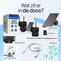 Inhoud van de doos: Protectly beveiligingscamera, zonnepaneel, 64GB SD-kaart, oplaadkabel, ophangsysteem en schroeven.