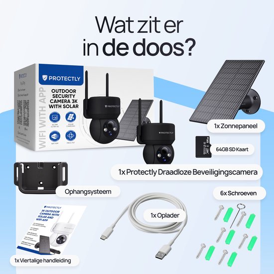 Inhoud van de doos: Protectly beveiligingscamera, zonnepaneel, 64GB SD-kaart, oplaadkabel, ophangsysteem en schroeven.