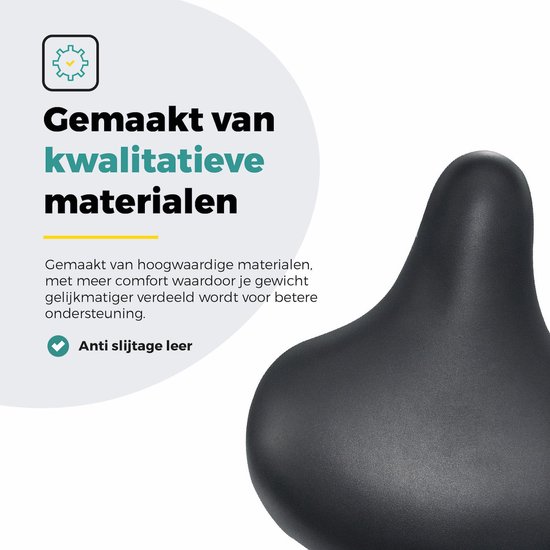 Zwart fietszadel, gemaakt van kwalitatieve materialen, anti-slijtage leer.