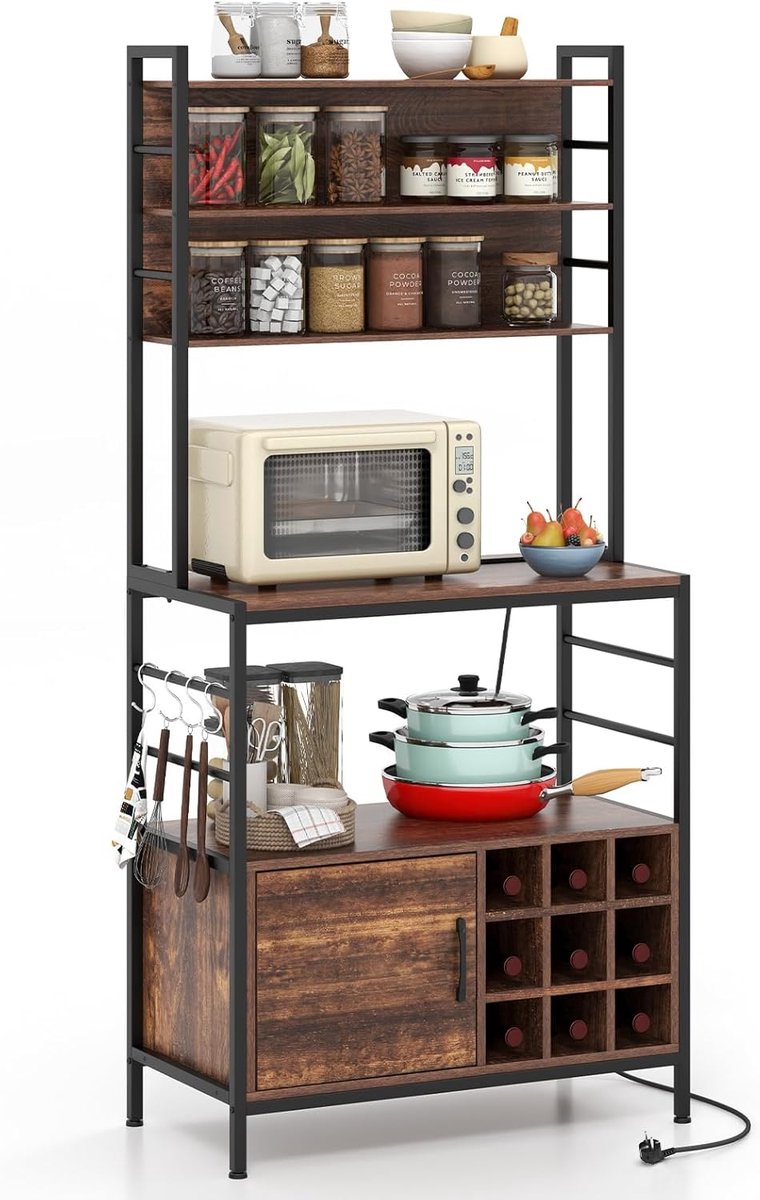 COSTWAY Küchenregal mit Steckdosen, Weinregal für 24 Flaschen, Glashalter, Arbeitsplatte, Standregal für Mikrowelle, Bäckerregal für Küche Esszimmer, 76 x 48 x 163 cm, Vintagebraun
