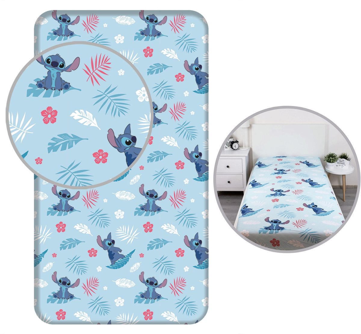 DISNEY Stitch Kinderlaken, katoen met elastiek 90x200cm+25cm, 100% katoen, OEKO-TEX