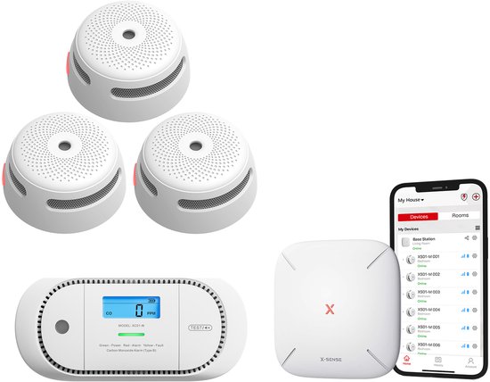 X-Sense Link+ Pro Slimme bundel - 3 XS01-M Rookmelders, 1 XC01-M Koolmonoxidemelder en SBS50 Base Station - Werkt via app - WiFi gateway - Draadloos RF koppelbaar - Brandalarm en CO melder - Smart home