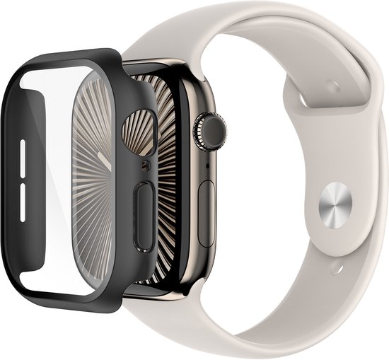 Zwarte bumper met schermprotector voor Apple Watch met wit bandje.