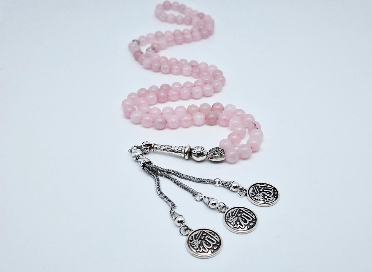 Handgemaakte tesbih "Tasbih" natuursteen "Roze kwartz" - Aantal kralen 99 - Diameter kralen 8MM - met metaal tassel "Allah jala jalaluh" - Een mooi cadeau-idee