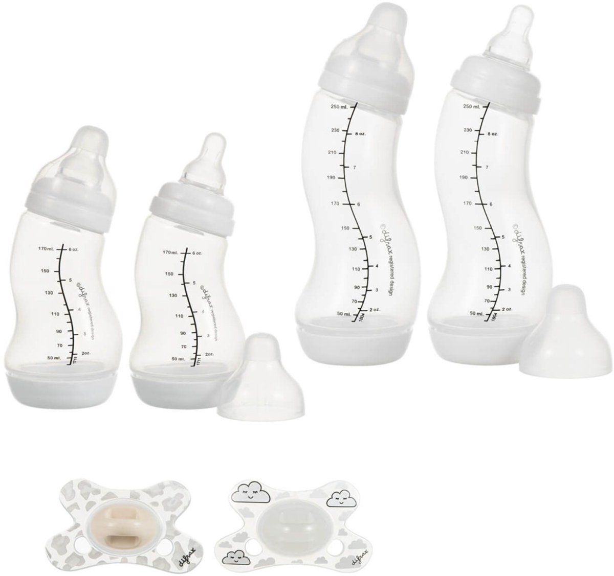 Difrax Newborn Babystartpakket met 4 babyflessen & 2 soorten fopspenen