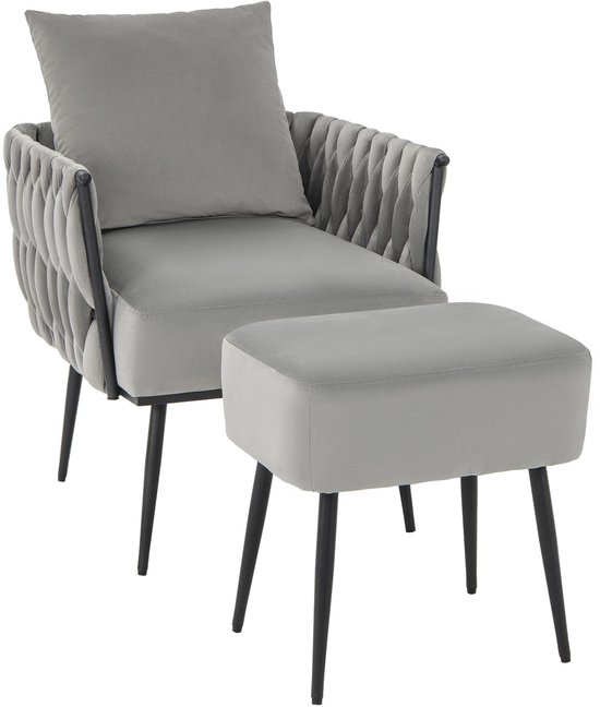 Witte linnen schommelstoel, schommelstoel met kruk, houten frame