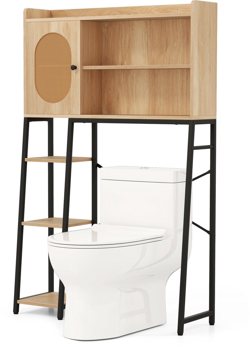 COSTWAY Toiletkast met PE-rotan deur, toiletrek met verstelbare plank en opbergvakken, vrijstaande bovenbouwkast, wasmachinerek in boho-stijl voor badkamer, wasruimte, natuur
