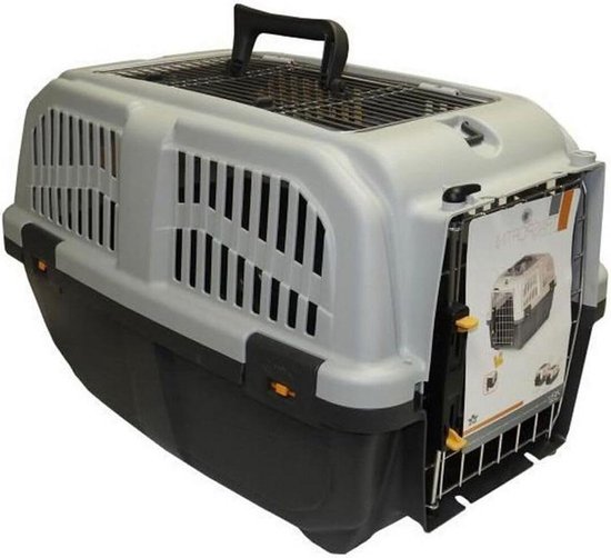 Aimé | Transportbox Katze und Hund | Hunde und Katzenkorb Transport | Transportbox mit seitlichen Belüftungen, Metallgitter und Sicherheitsverschluss | Farbe Grau, Maße 56x36x35 cm