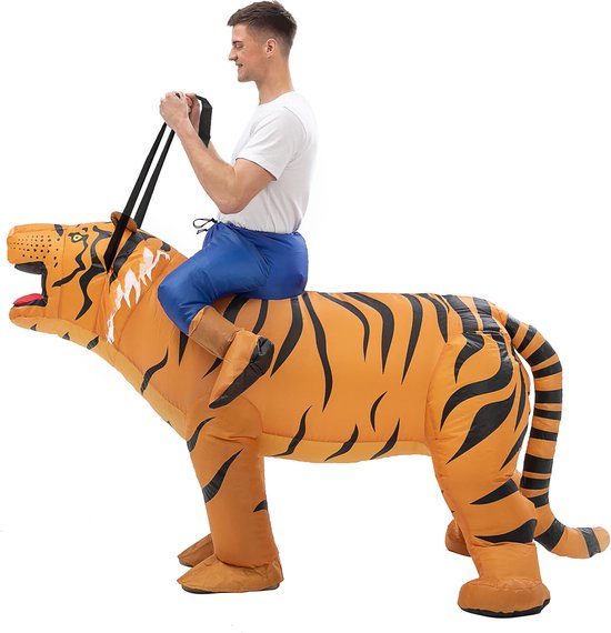 KIMU® Opblaas Kostuum Kinderen Zittend Op Tijger - Maat 122 128 134 140 146 152 - Opblaasbaar Pak - Tijgerpak Mascotte Opblaaspak - Opblaasbare Leeuw Safari Halloween
