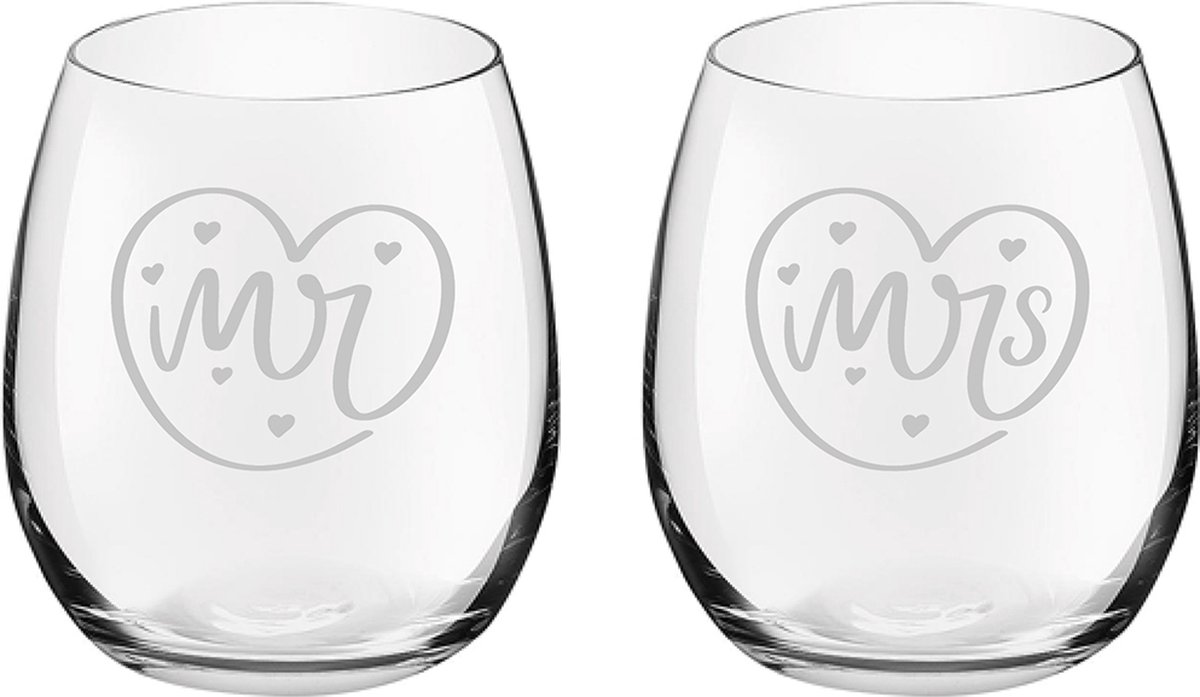 Gegraveerde set drinkglazen 39cl Mr. In hartje - Mrs. In hartje
