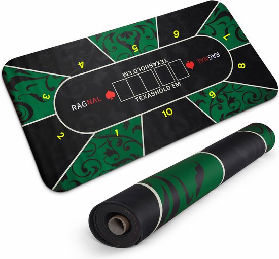 Tapis de poker - Table de poker - 180 x 90 cm - Tapis de poker antidérapant enroulable - Set de poker - Tapis de cartes - Tapis de poker - 2 à 10 personnes - Incl. Étui de transport et cartes de poker dorées - Vert/ Zwart